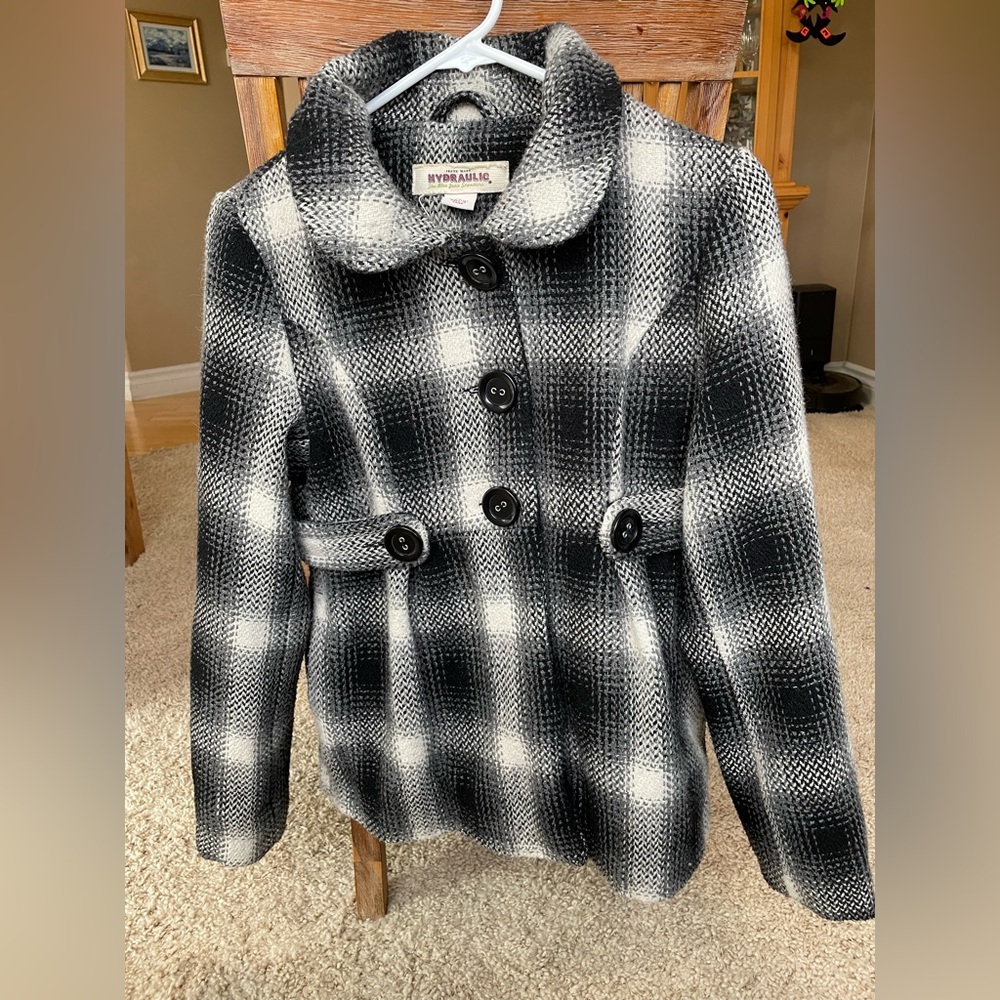 Trade Mark Hydraulic black and white gingham plaid pea coat size medium